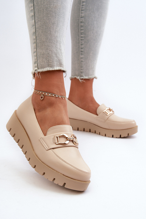 Mokasyny Damskie Na Platformie Z Ozdobą Jasnobeżowe Kaldina