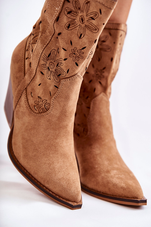 Modne Zamszowe Botki Kowbojki W Kwiaty Camel Coralie