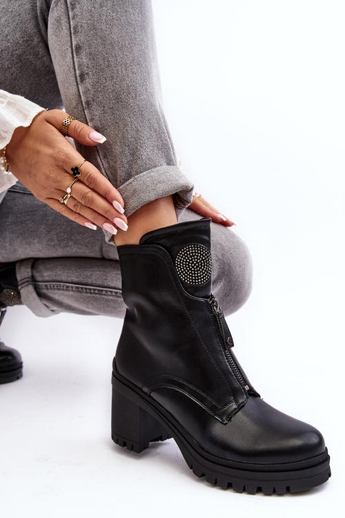 Damskie Skórzane Botki Z Dżetami Czarne Rosie