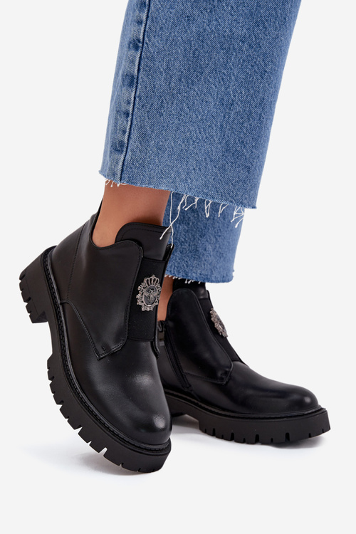 Ocieplane Niskie Botki Damskie Z Ozdobą Na Zamek Czarne Lavira