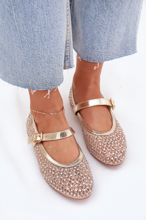 Zdobione Baleriny Damskie Z Paskiem I Klamrą Złote Avirae