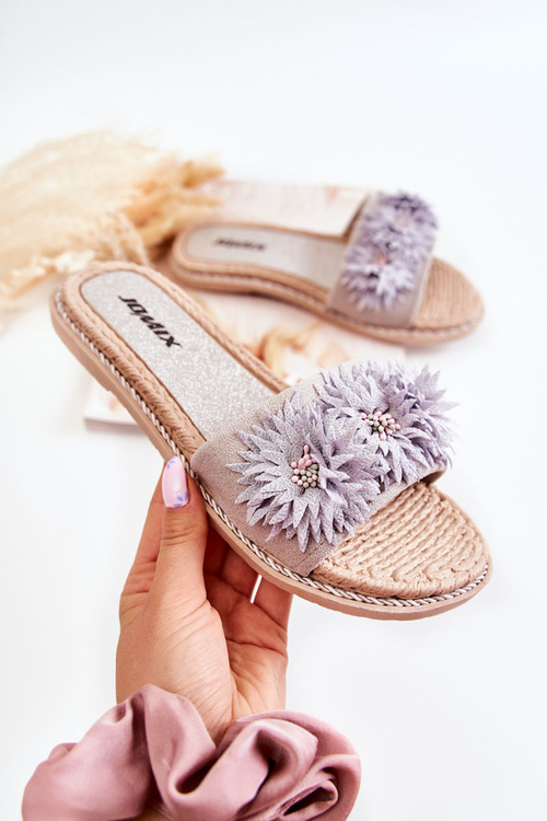 Damskie Klapki Z Materiałowymi Kwiatami Szare Susana