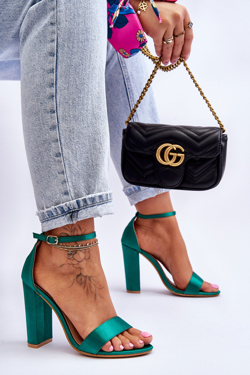 Satynowe Sandały Na Obcasie Zielone Linsy