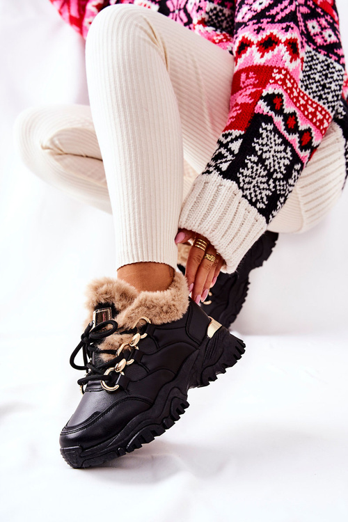 Skórzane Ocieplane Sportowe Buty Czarne Shiney