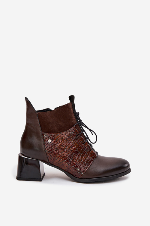 Zazoo 60503 Skórzane Botki Na Obcasie Ocieplane Czekoladowe