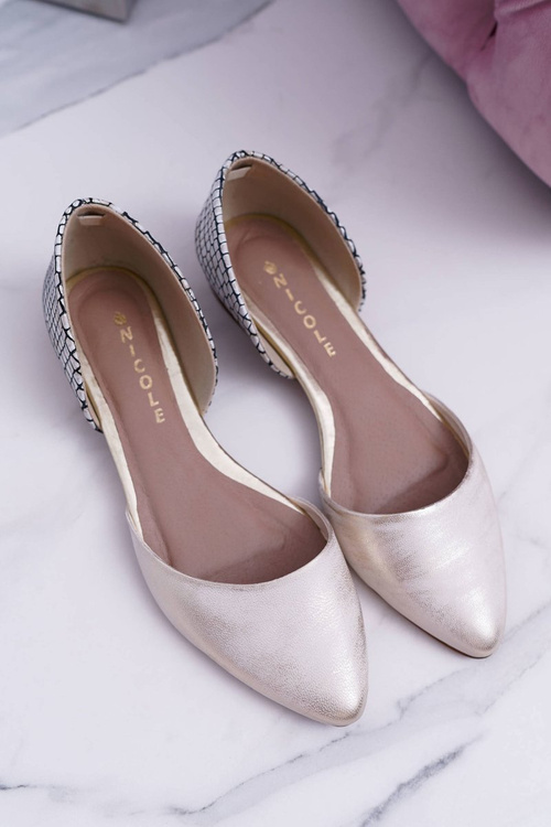 Baleriny Damskie W Szpic Wzór Krokodyla Skórzane Złote Anthem