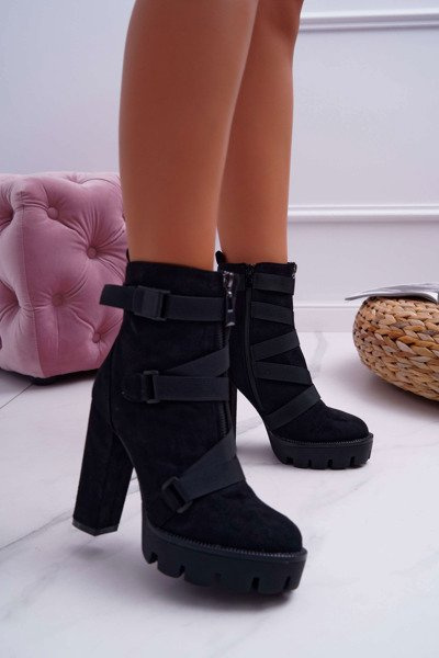 Damskie Botki Na Słupku Ocieplane Czarne Zamszowe Guiness