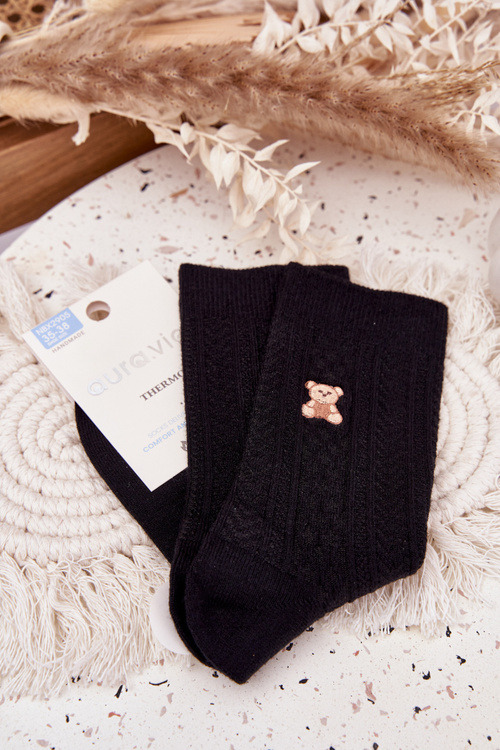 Ciepłe Skarpetki Damskie Z Wełną Miś Czarne