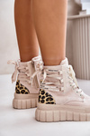 Botki Damskie Na Platformie Z Ozdobnym Sznurowaniem Panterka Jasnobeżowe Edidda