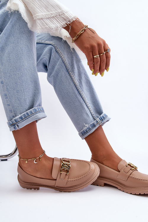 Skórzane Damskie Mokasyny Na Płaskim Obcasie Beżowe Sincias