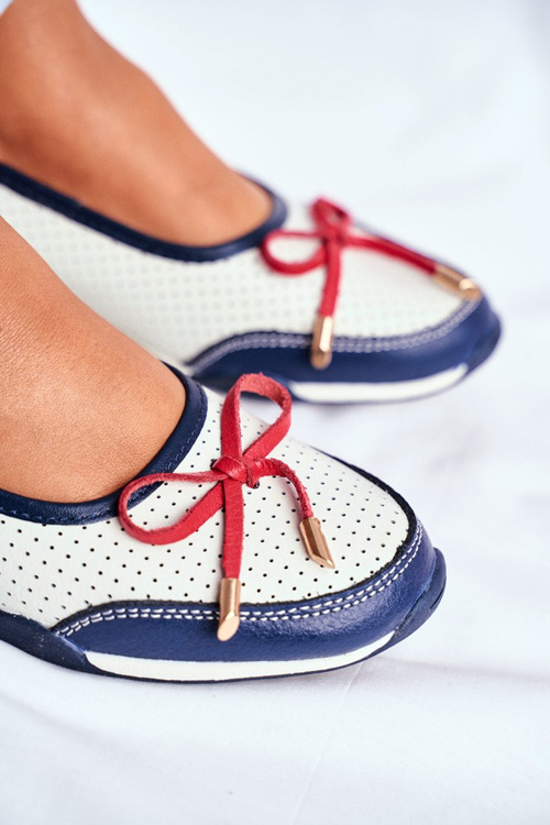 Ażurowe Skórzane Baleriny Biało-Czerwone Erdola