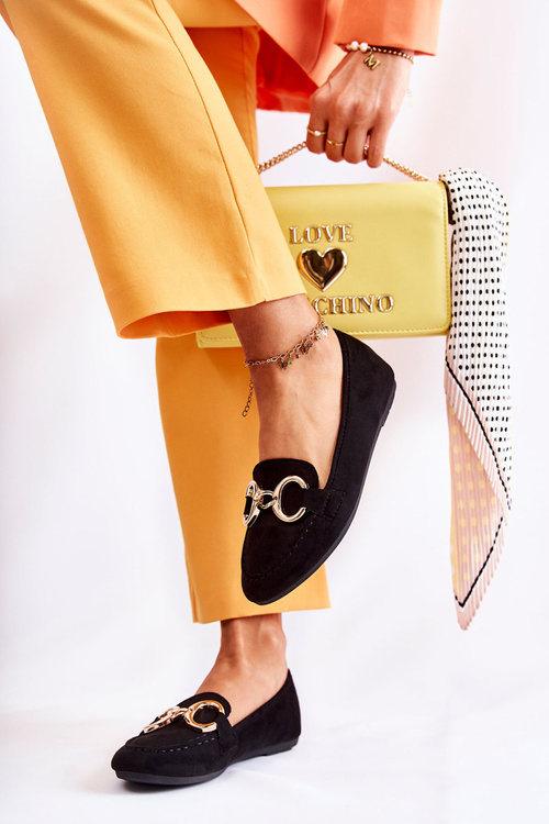 Damskie Zamszowe Mokasyny Z Ozdobą Czarne Reality