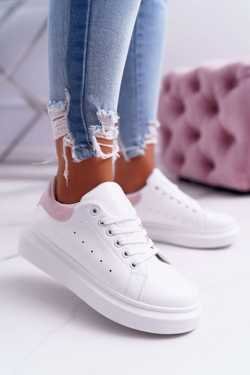 Sportowe Damskie Buty Gruba Podeszwa Białe Różowe Skirt