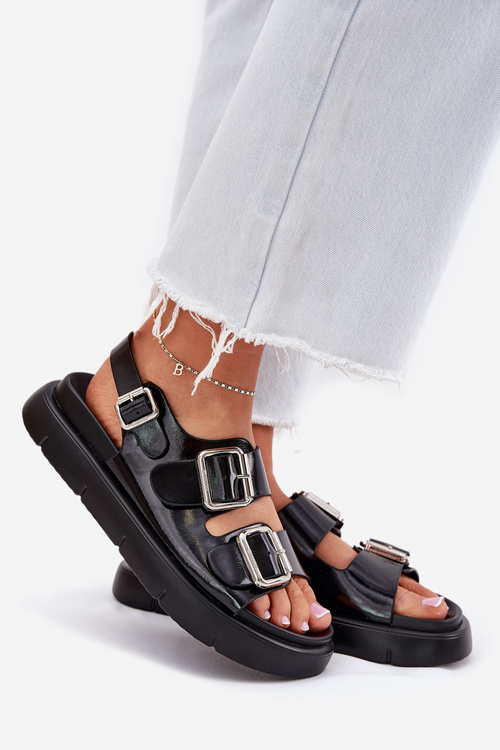 Skórzane Lakierowane Sandały Damskie Z Klamrami Big Star RR274662 Czarne