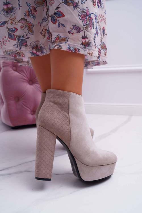 Botki Damskie na Słupku Platformie Zamszowe Beżowe Celinne