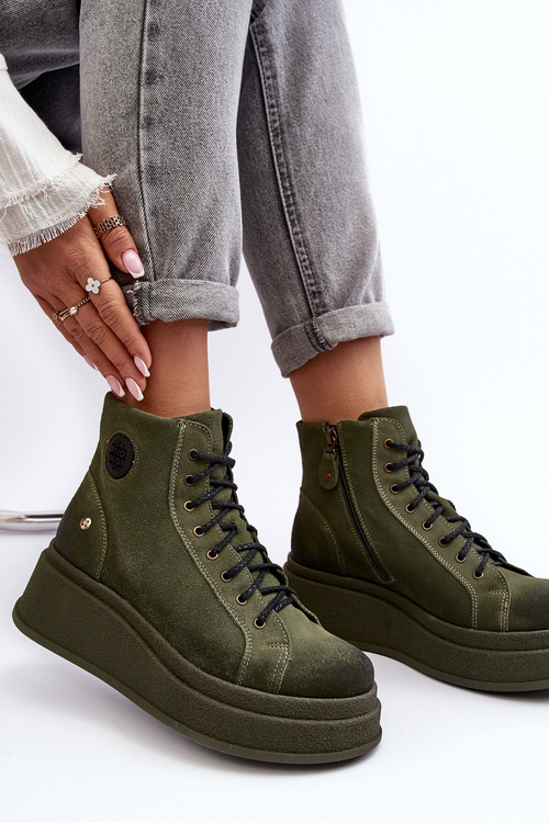 Zamszowe Botki Na Masywnej Platformie Maciejka 06309-24 Oliwkowe