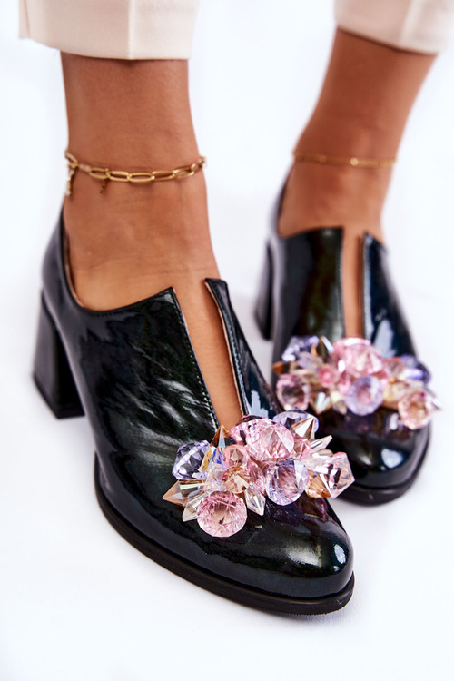 Lakierowane Półbuty Mozaika Z Transparentną Ozdobą Zielone Delaver