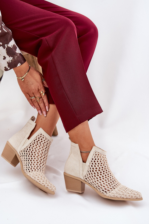 Ażurowe Botki Damskie Na Obcasie Z Wycięciami I Plecionką Jasnobeżowe Tulifedi