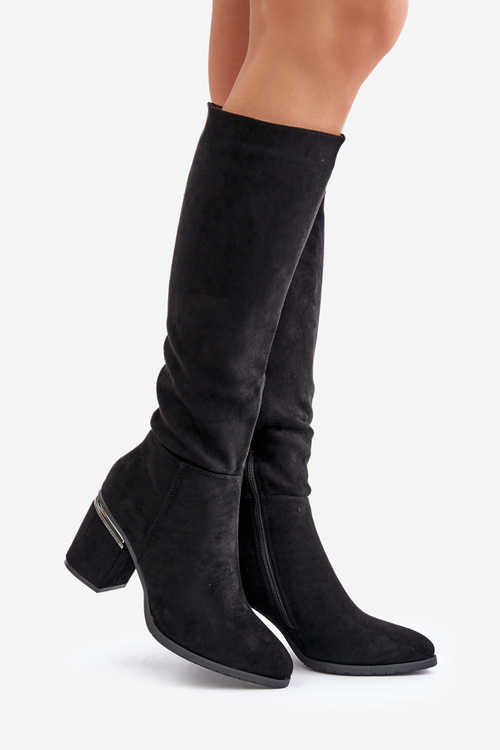 Eko Zamszowe Kozaki Damskie Przed Kolano Na Słupku Ocieplane Vinceza 16473 Czarne