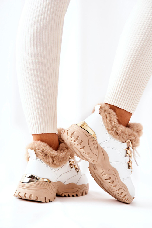 Skórzane Ocieplane Sportowe Buty Biało-Beżowe Shiney