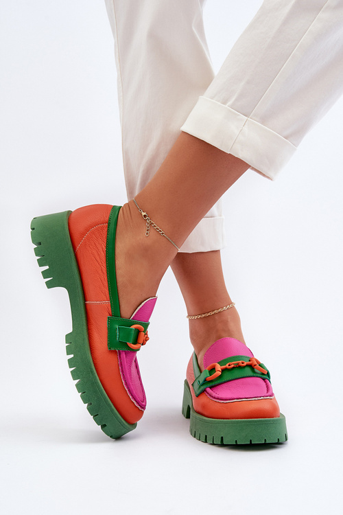 Mokasyny Skórzane Damskie Z Ozdobą CheBello 4444 Pomarańczowe