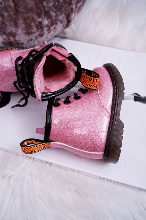 Dziecięce Botki Ocieplane z Suwakiem Lakierowane Brokat Różowe Mistor