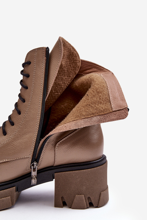 Skórzane Damskie Ocieplane Botki Trapery Lemar Brązowe Rehin