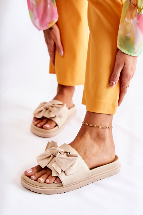 Klasyczne Damskie Klapki Skórzane Z Kokardą Beżowe Dessy