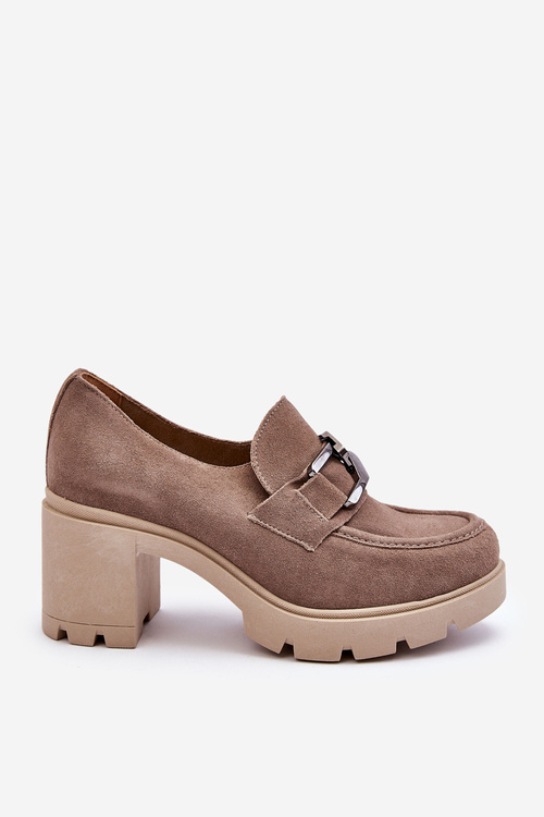 Eleganckie Półbuty Na Słupku Z Ciemnosrebrną Ozdobą Beżowe Lemar Harmell