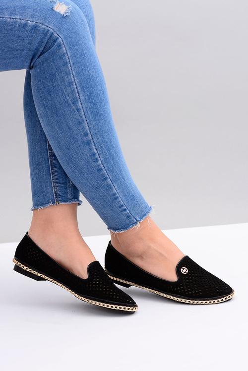 Lu Boo | Czarne Ażurowe Balerinki Lordsy Stylish