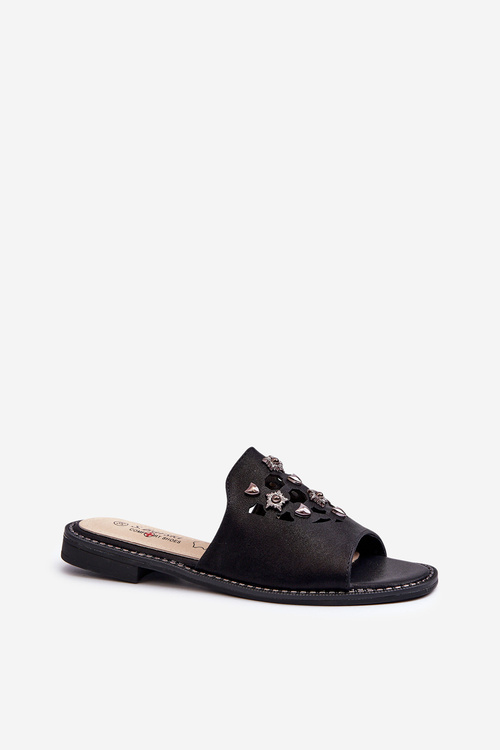 Błyszczące Klapki Damskie Z Ozdobami S.Barski KV27-063 Czarne