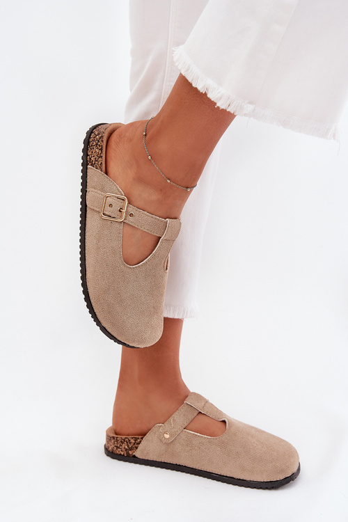 Klapki Chodaki Damskie Ze Złotą Klamrą Beżowe Lirina