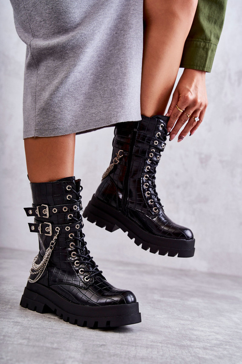Wysokie Workery Botki Z Łańcuchem Wężowe Czarne Montero