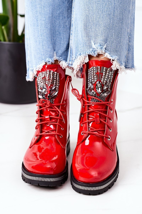 Lakierowane Ocieplane Workery Z Cyrkoniami Czerwone Attention