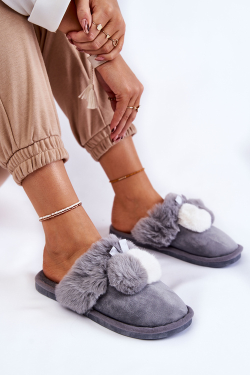 Damskie Papcie Z Pomponami I Futerkiem Szare Sahira