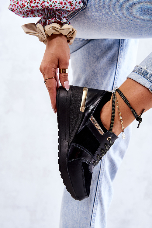 Skórzane Buty Sportowe Na Koturnie Czarne Rayana