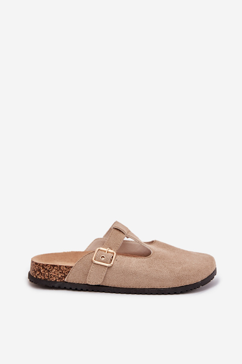 Klapki Chodaki Damskie Ze Złotą Klamrą Beżowe Lirina