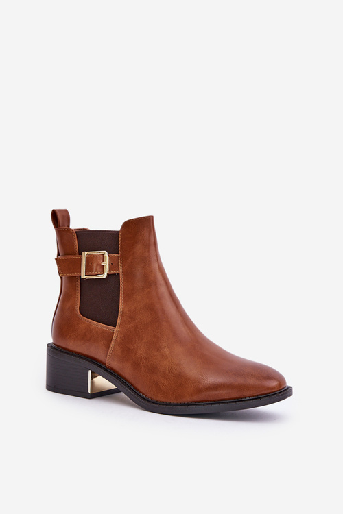 Botki Sztyblety Damskie Na Niskim Obcasie Ze Złotą Klamrą Camel Vomera