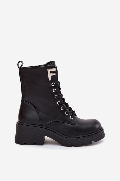 Botki Workery Damskie Na Klocku Ocieplane Z Literą F Czarne Lurina