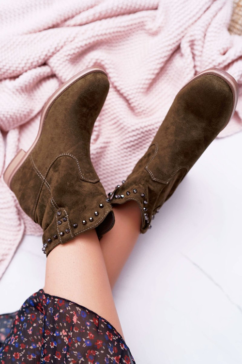 Botki Damskie Na Koturnie Płaski Obcas Ocieplane Za Kostkę Oliwkowe Deminis