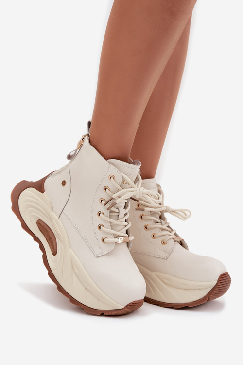 Skórzane Ocieplane Botki Damskie Na Platformie GOE SS2N4300 Jasnobeżowe