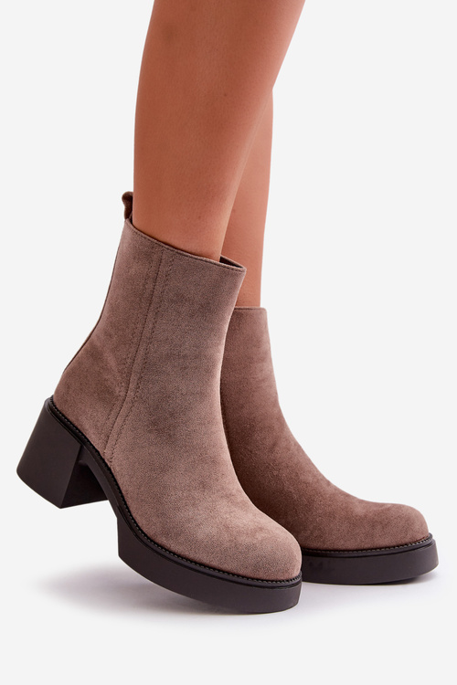 Eko Zamszowe Damskie Botki Na Słupku Ocieplane Ciemnobeżowe Meriluna