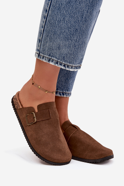 Klapki Chodaki Damskie i Na Platformie Z Klamrą Brązowe Selio