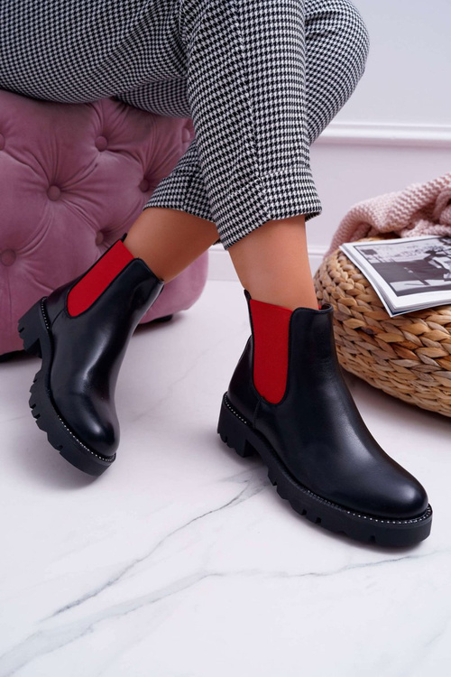 Damskie Botki Sztyblety Czerwone Gumki Czarne Superpower