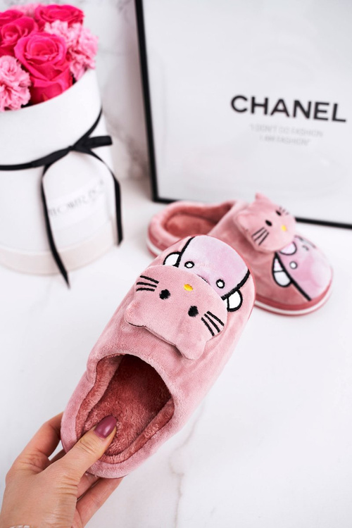 Dziecięce Ocieplane Klapki Papcie Pudrowy Róż Kitty