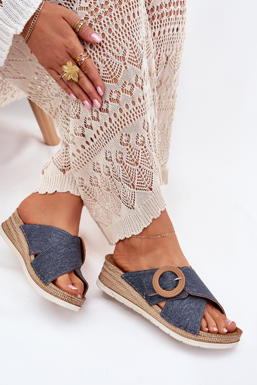 Klapki Damskie Na Koturnie Z Ozdobną Klamrą Inblu RV000012 Niebieskie