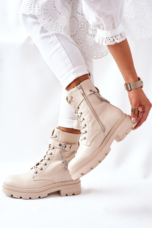Beżowe Workery Botki z Łańcuchem Midtown