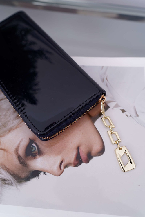 Portfel Damski Duży Granatowy Złoty Ozdobny Suwak