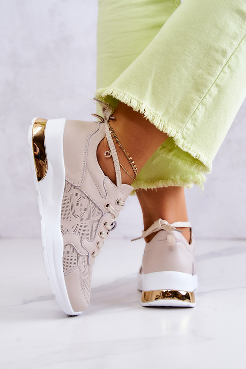 Skórzane Damskie Sneakersy Na Koturnie Beżowe Phiness