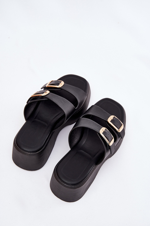 Klapki Damskie Na Koturnie I Platformie Z Klamrami Czarne Nitarelia